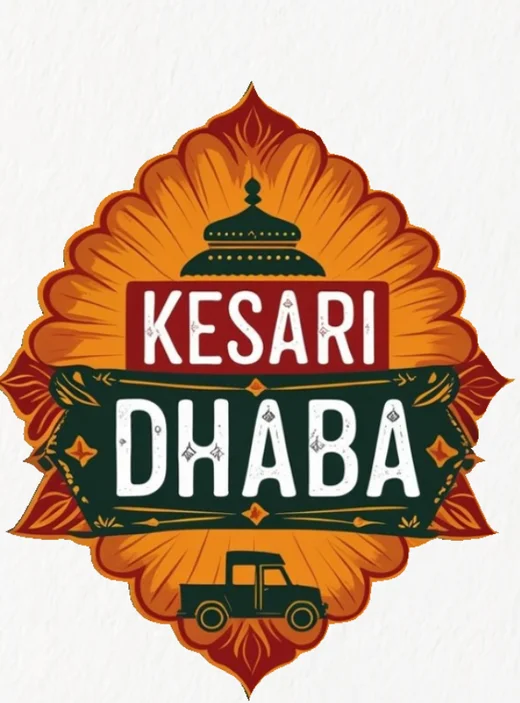 Kesari Dhaba logo: saffron lotus badge with a dome, a red and green nameplate and a vintage jeep